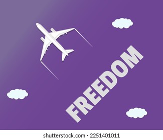 Passenger plane on purple sky with freedom text, solo traveling concept, tourism banner idea, fast airplane and clouds, copy space