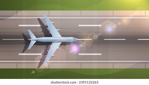 Avión de pasajeros en la pista, vista superior. Ilustración de vectores planos de viajes aéreos