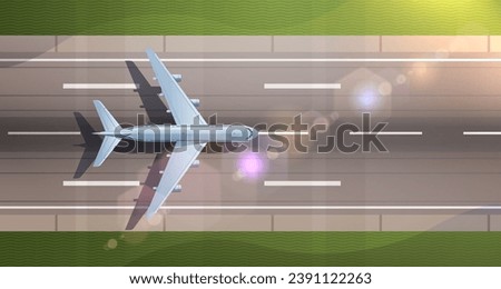 Passenger plane on the runway, top view. Air travel flat vector illustration