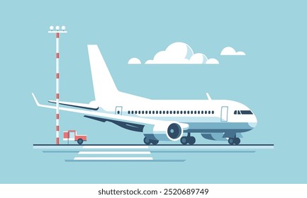 Avión de pasajeros en la pista. Ilustración vectorial en estilo minimalista.