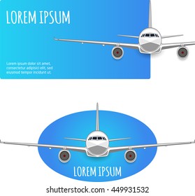 Passenger plane on white - blue background. Empty space for text. Flyer design. Vector illustration