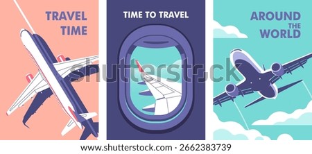 Passenger plane parked on the runway. View through the porthole of aircraft. Airplane gaining altitude between clouds. Travel, journey concept. Vector illustration in a minimalistic style.