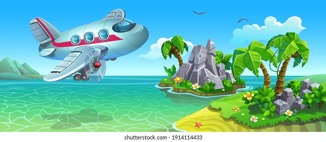 A passenger plane with propeller engines is landing on a tropical island. Islands with palm trees and sandy beaches in the middle of the ocean. 