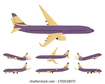 Passagierflugzeug lila, gelbes Design Set, Flugzeuge für Passagiere. Flughafen-Business-Vehikel Himmelfahrt-Jet oder Urlaubslufttourismus. Vektorillustration-Cartografik im Flachstil, verschiedene Ansichten