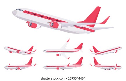 Passenger plane red stripe livery set, airline aircraft for passengers. Airport business vehicle, sky travel jet and holiday aviation tourism. Vector flat style cartoon illustration, different views