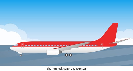 Passenger Plane. Side View. Airplane Is On The Runway. Aircraft With Wheels Illustration. Vector Illustration.