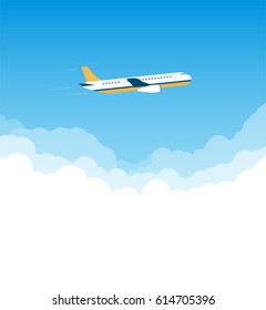 Passenger plane side view flying above the clouds. Bright day. Commercial airlines banner and travel advertisement. Blue sky and white cloud.