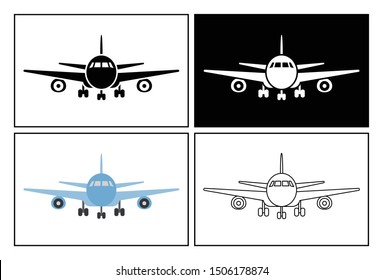 Passenger plane symbol presented as pictogram, black and white, line icons and flat icons. Set of airplane transportation icons.