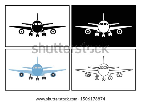 Passenger plane symbol presented as pictogram, black and white, line icons and flat icons. Set of airplane transportation icons.