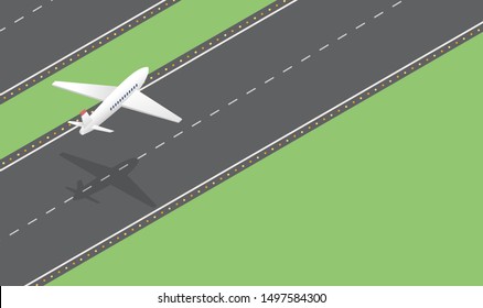 Passenger plane takeoff isometric vector illustration. Civil aviation industry, transportation business, commercial airlines service. Airport runway, modern aircraft departure, private jet taking off