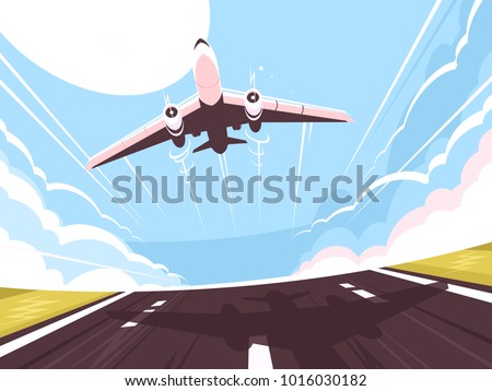 Passenger plane takes off from runway. Air transport, vector illustration