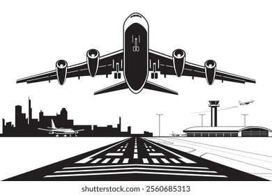 Passenger plane taking off from runway at  city airport – vector illustration