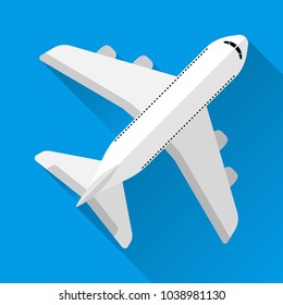 Passenger plane, top view, blue background, with shadow. Flat style. 10 eps