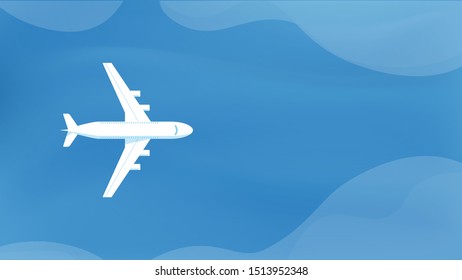 Passenger plane top view flying above the ocean or sea. Airplane top view with landscape. Travel tour concept. Commercial business trip by airplane illustration. Vector illustration