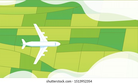 Passenger plane top view flying above green grassland. Airplane top view with landscape. Travel tour concept. Commercial business trip by airplane illustration. Vector illustration