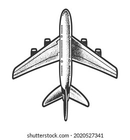 Passenger Plane Top View Sketch Engraving Vector Illustration. T-shirt Apparel Print Design. Scratch Board Imitation. Black And White Hand Drawn Image.