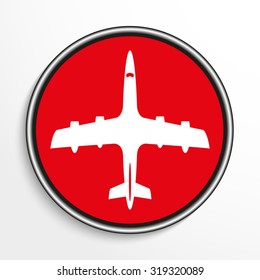 A passenger plane. White vector icon on a red background.