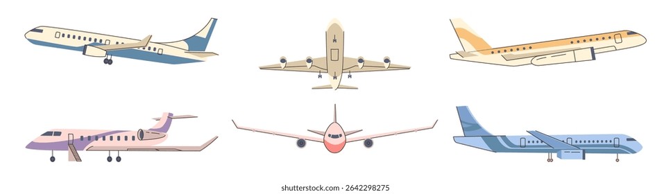 Passenger planes in different sides and positions view. Vector in flat style, isolated set of airbuses for journey and transportation. Means of transport for people, commercial airliner lines