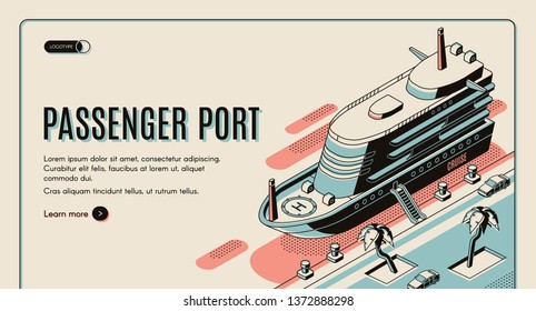 Passenger port isometric vector web banner template. Cruise ship with lowered ladder, moored to pier in tropical country line art illustration. Vacation pleasure voyage, nautical journey landing page