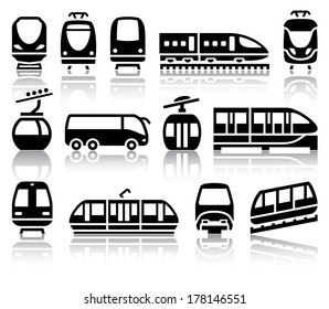 Passenger and public transport black icons with reflection, vector illustrations