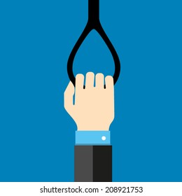Passenger in public transport  and his  hand by using an handle for standing passenger, vector illustration
