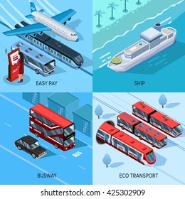 Passagier- und öffentliche Verkehrsmittel isometrisch 2x2 Design-Satz der Stadt Intercity-Wasser und Öko-Transport Vektorillustration Illustration 