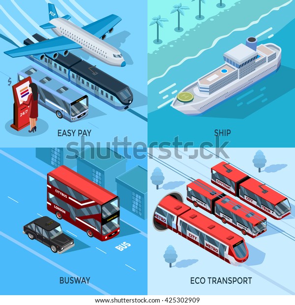 Passenger and public transport isometric 2x2 design\
concept set of city intercity water and eco transportation vector\
illustration 