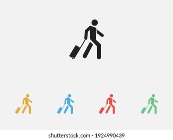 Icono de la bolsa de rodaje del acompañante. Icono de vector relleno. Hombre con un icono de equipaje. Viajes, icono turístico. Conjunto de coloridos iconos de diseño plano.