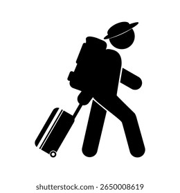 Passenger pulling rolling bag icon, Walking man with luggage vector ,Traveler man icon, business trip, vacation, tourism concept. Vector illustration design.