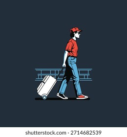 Diseño de Vector plano de icono de bolso rodante tirando del pasajero.