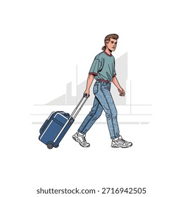 Diseño de Vector plano de icono de bolso rodante tirando del pasajero.