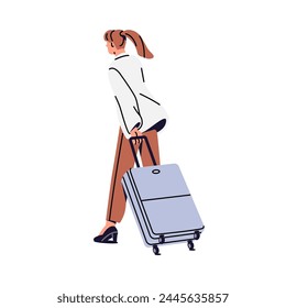 Passenger pulls suitcase on wheels in airport back view. Young woman goes to journey, carries luggage behind her. Tourist travels with baggage. Flat isolated vector illustration on white background