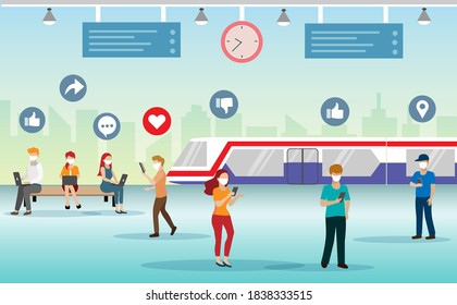 Passenger in railway train wearing face mask to protect from COVID-19 coronavirus and express their  emotion on social network via smart phone. New normal lifestyle in public transportation concept. 