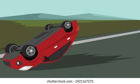 Passenger red color car accident on a road in an urban area. With grasslands and mountains as background.