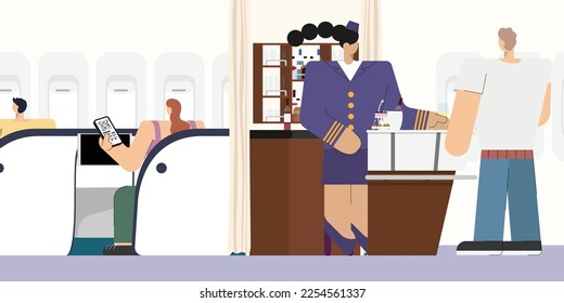 passenger relaxing in onboard lounge in business class cabin on airplane while traveling vacation holiday