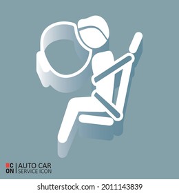 Passenger with safe belt. Vector image of car service icon. Conception of automobiles.