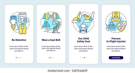 Passenger safety tips onboarding mobile app screen. Wear seatbelt walkthrough 4 steps editable graphic instructions with linear concepts. UI, UX, GUI template. Myriad Pro-Bold, Regular fonts used