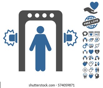 Passenger Screening pictograph with bonus valentine graphic icons. Vector illustration style is flat iconic cobalt and gray symbols on white background.