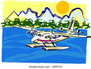 Passenger Sea Plane is featured flying over mountain lake in this sketch-like vector illustration.