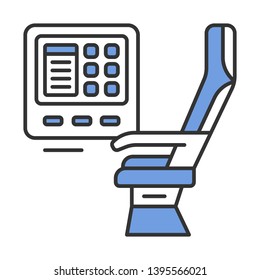 Passenger seat with multimedia screen color icon. Airplane comfortable seating. Jet entertainment. Aviation service. Aircraft travel. Journey amenity. Airline facilities. Isolated vector illustration