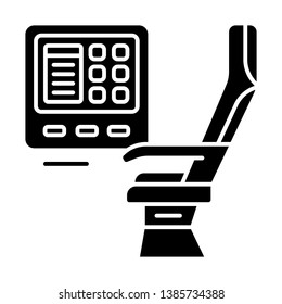 Passenger seat with multimedia screen glyph icon. Airplane comfortable seating. Jet entertainment. Aviation service. Silhouette symbol. Negative space. Vector isolated illustration