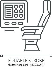 Passenger seat with multimedia screen linear icon. Airplane comfortable seating. Jet entertainment. Aviation. Thin line illustration. Contour symbol. Vector isolated outline drawing. Editable stroke
