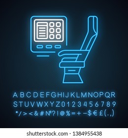 Passenger seat with multimedia screen neon light icon. Airplane comfortable seating. Jet entertainment. Airline. Glowing sign with alphabet, numbers and symbols. Vector isolated illustration