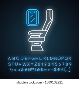 Passenger seat neon light icon. Airplane comfortable seating. Jet window. Plane salon. Aviation service. Glowing sign with alphabet, numbers and symbols. Vector isolated illustration