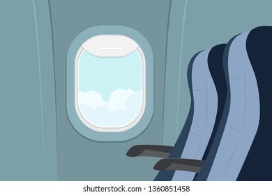 Passenger seats and porthole with a landscape. View from the airplane window. Armchairs and Illuminati in the plane. Passenger space in the plane. Vector illustration.