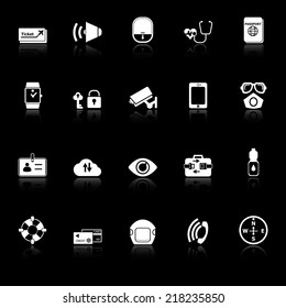 Passenger security icons with reflect on black background, stock vector