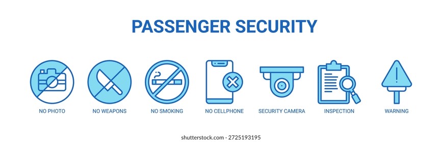 Concepto de Ilustración vectorial del icono del Anuncio del Web de seguridad del pasajero para la conformidad de la seguridad del aeropuerto con el icono de ninguna foto, ninguna arma, no fumar, ningún teléfono celular, cámara de seguridad, inspección, advertencia.