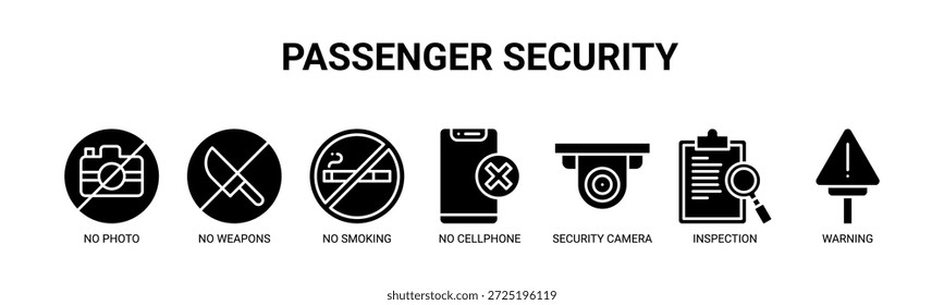 Ilustração do vetor do ícone da bandeira da Web da Segurança do Passageiro conceito para a conformidade da segurança do aeroporto com o ícone de sem foto, sem armas, sem fumar, sem telefone celular, câmera de segurança, inspeção, aviso.