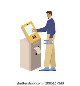 Passenger at self check-in kiosk at the airport, flight registration, getting boarding pass. Vector illustration. 