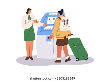 Passenger at self-service kiosk for buying electronic train tickets at railway, railroad transport station. Tourist at digital terminal. Flat graphic vector illustration isolated on white background